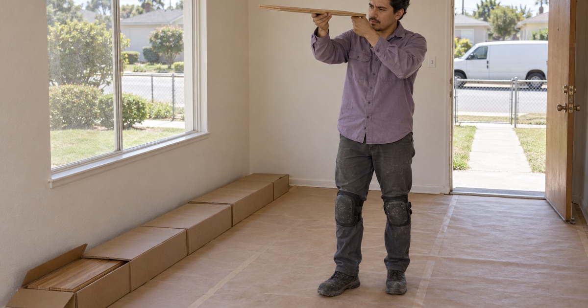 Worker sighting along a new oak board from an opened carton at the start of a Gardena job.