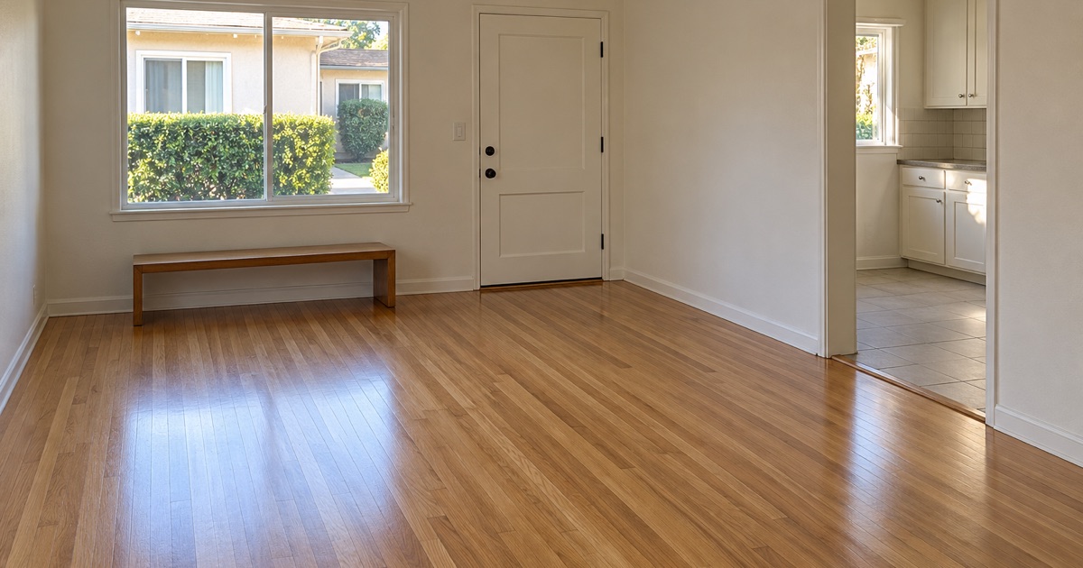 Refinished hardwood strip floor running to the front door of a Gardena courtyard triplex unit.