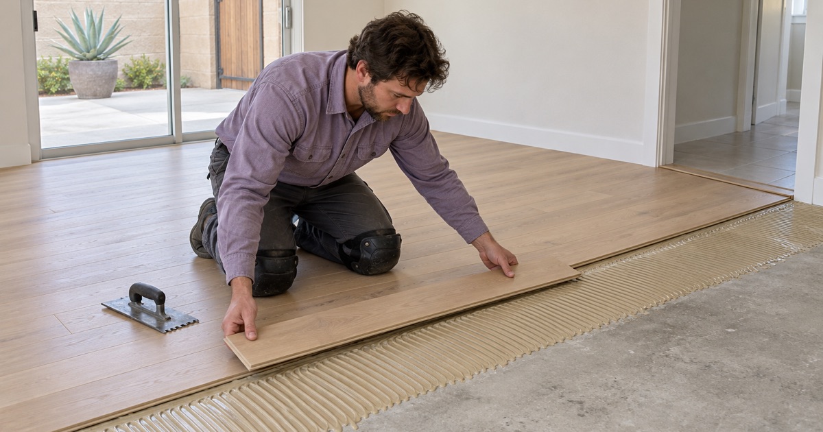 Worker lowering an engineered hardwood plank onto freshly troweled adhesive over a concrete floor.