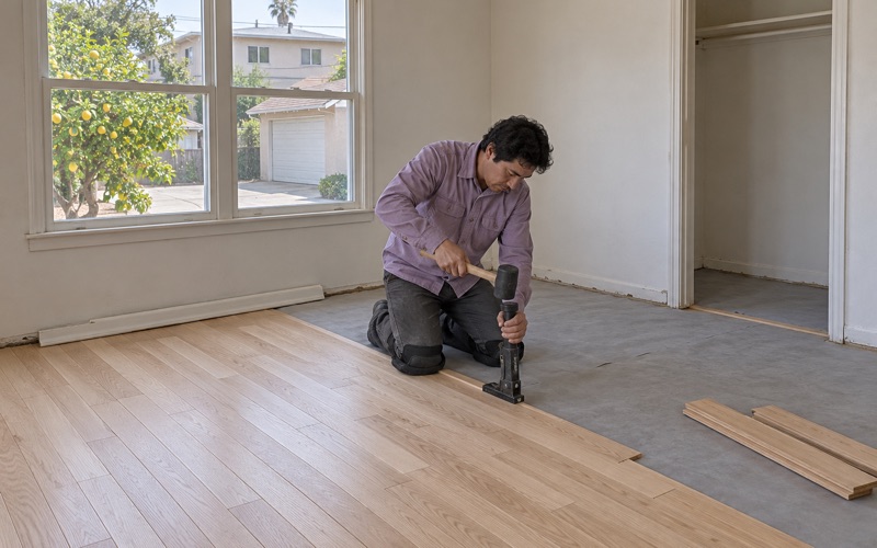 Worker striking a flooring nailer seated on the tongue of a new white oak strip in a Gardena bedroom.