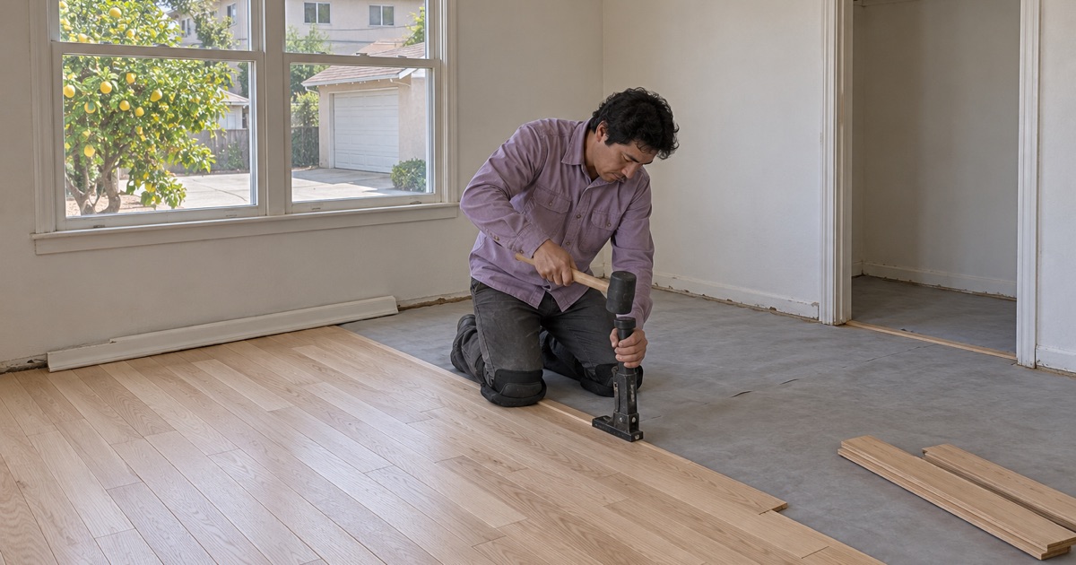 Worker striking a flooring nailer seated on the tongue of a new white oak strip in a Gardena bedroom.