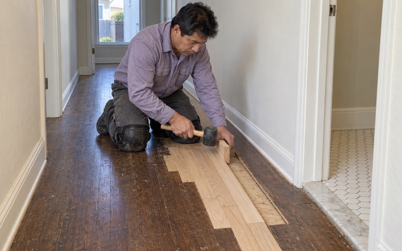 Worker tapping a replacement strip into a staggered lace-in repair of a Gardena hardwood floor.