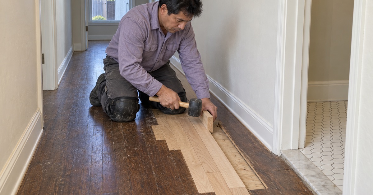 Worker tapping a replacement strip into a staggered lace-in repair of a Gardena hardwood floor.