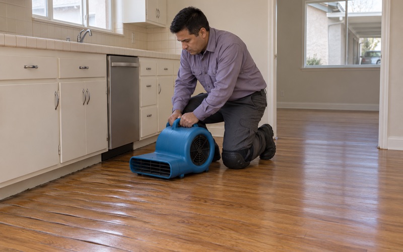Worker aiming an air mover across cupped, water-damaged hardwood strips beside a Gardena kitchen.