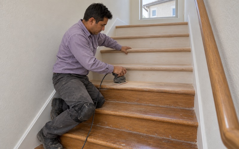 Worker sanding an oak stair tread with a detail sander in a two-story Gardena townhouse.