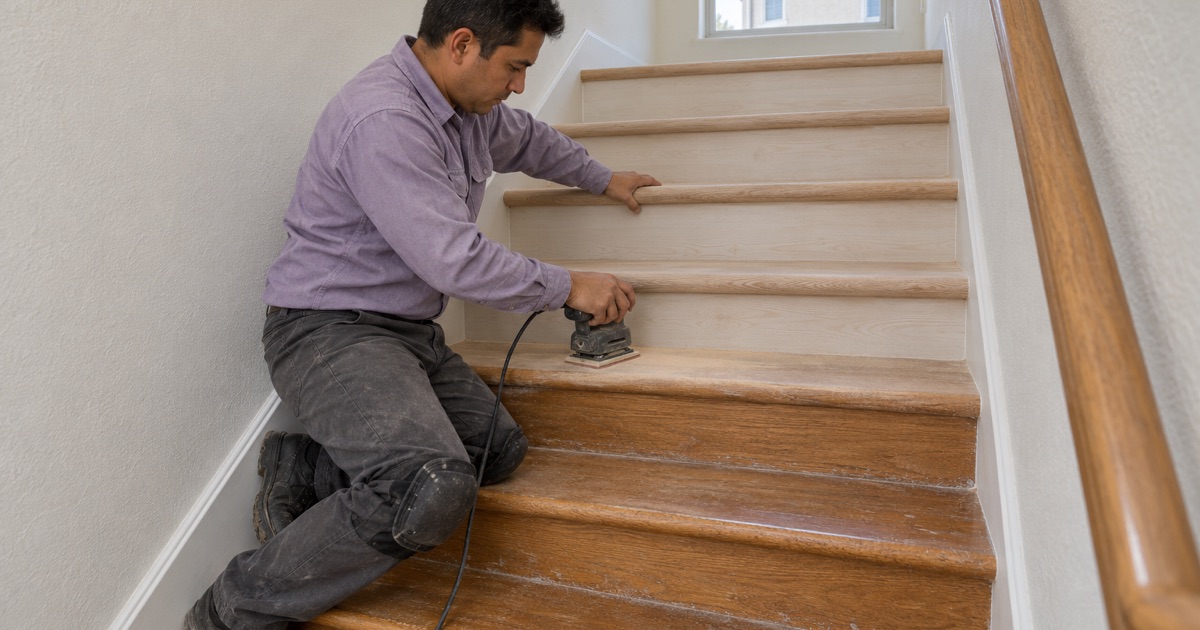 Worker sanding an oak stair tread with a detail sander in a two-story Gardena townhouse.