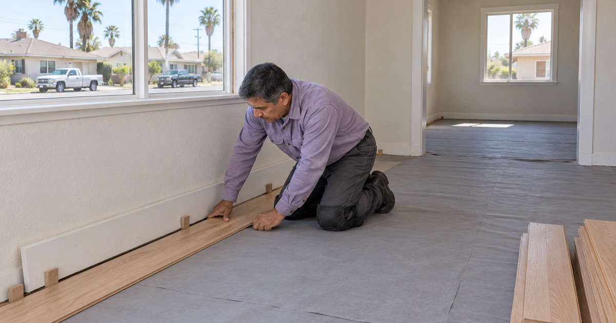 Worker setting the first row of new red oak flooring against the wall of a Gardena living room.