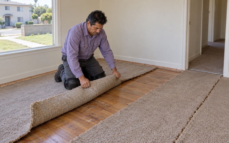 Worker folding back old carpet to show the hardwood strip floor underneath in a Gardena living room.