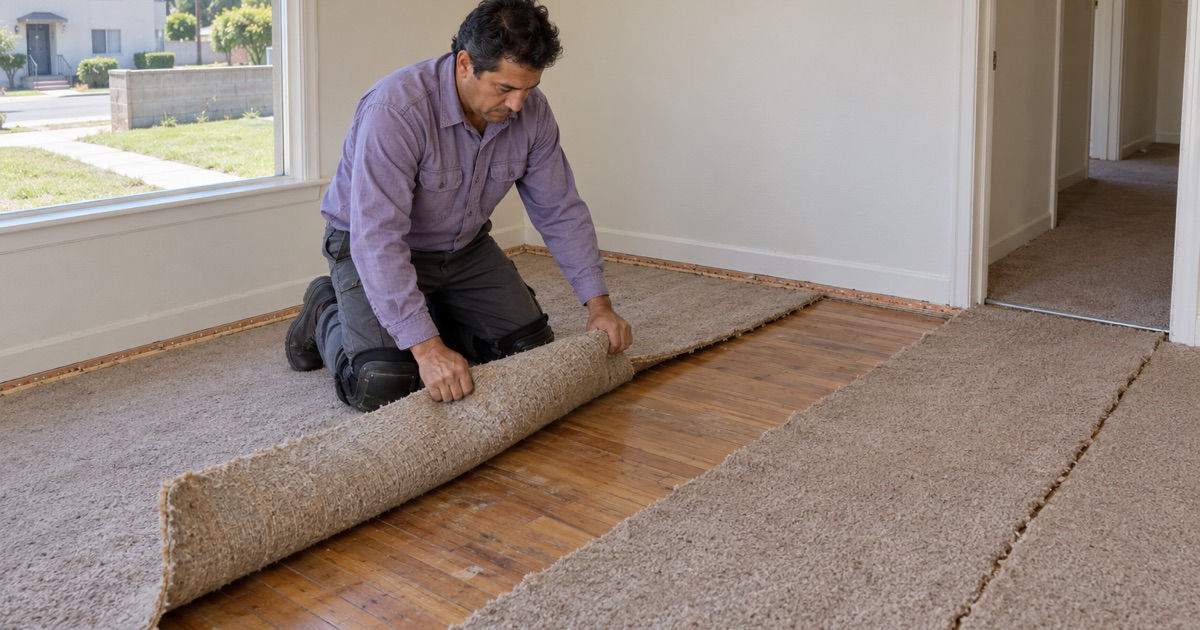 Worker folding back old carpet to show the hardwood strip floor underneath in a Gardena living room.