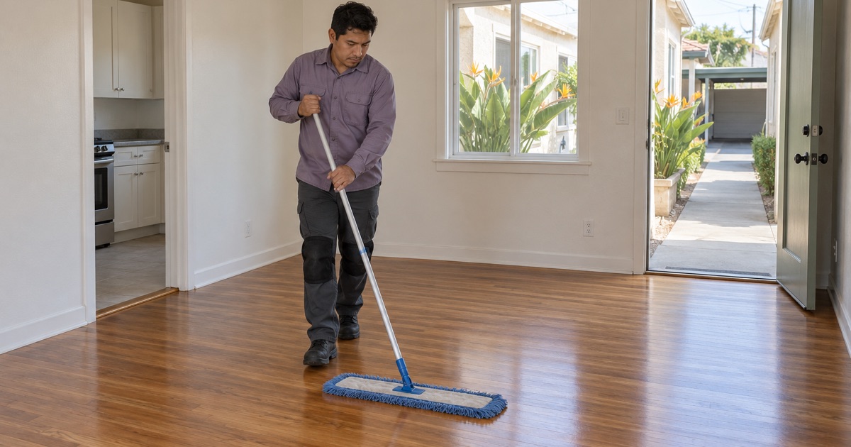 Worker dust-mopping a refinished hardwood floor in an empty Gardena triplex unit between tenants.