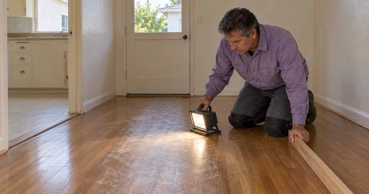Worker holding a work lamp low to show cloudy cleaning-product film on hardwood strips in a Gardena kitchen doorway.