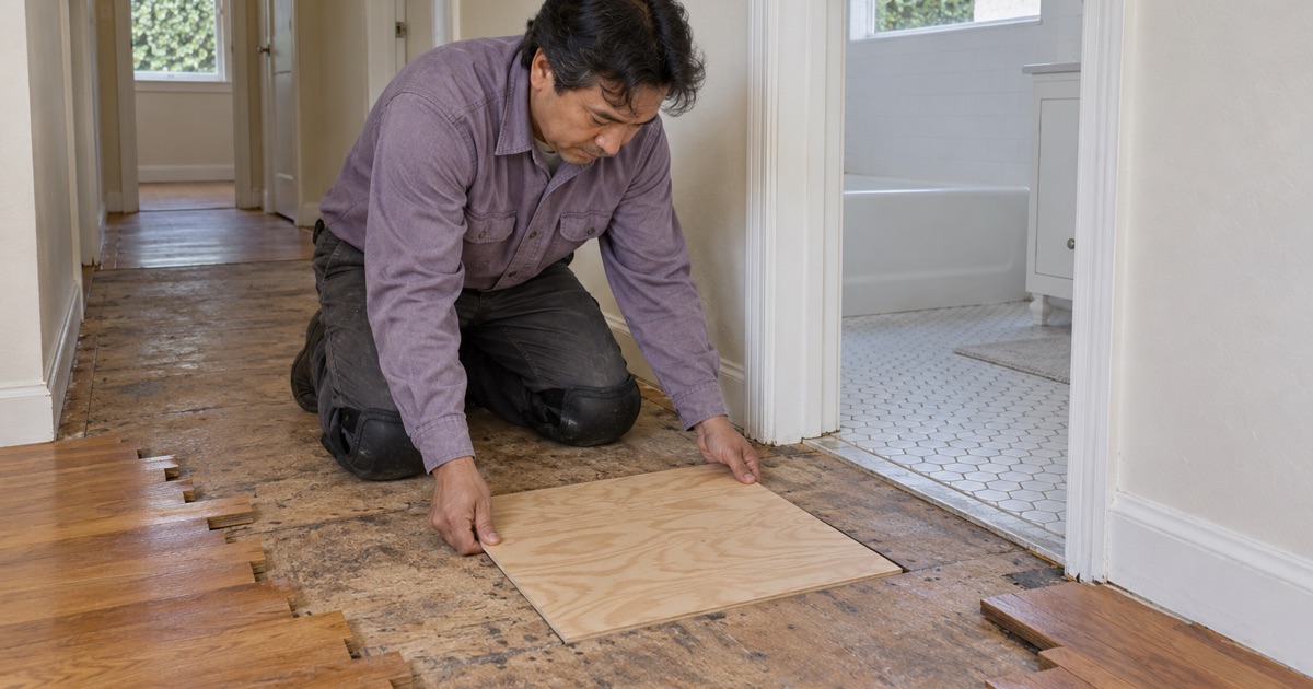 Worker lowering a new plywood patch into the subfloor beside a bathroom doorway in a Gardena house.