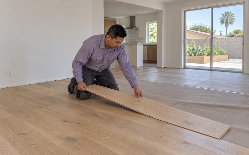 Worker lowering a long wide white oak plank onto the last row of a wide plank floor in a Gardena room.