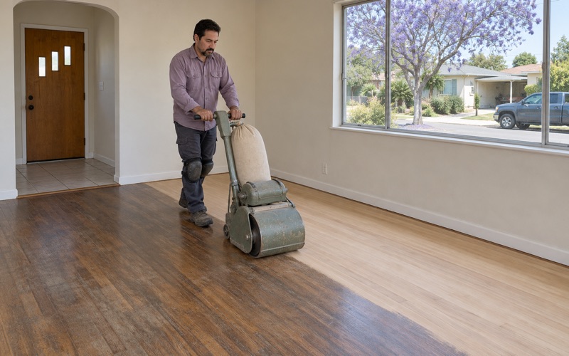 Worker steering a drum sander across the old finish of a hardwood strip floor in a Gardena house.