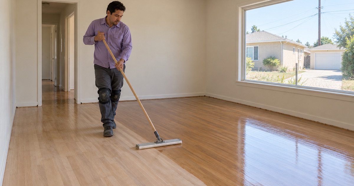Worker drawing a final clear coat across the refinished hardwood strip floor of a 1950s Gardena house.